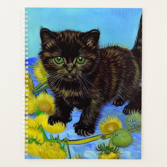 Van Gogh Style Cat mit Sonnenblumen Planer (Vorderseite)