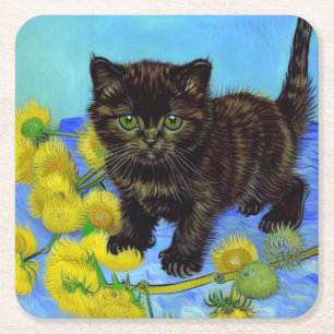 Van Gogh Style Cat mit Sonnenblumen Rechteckiger Pappuntersetzer