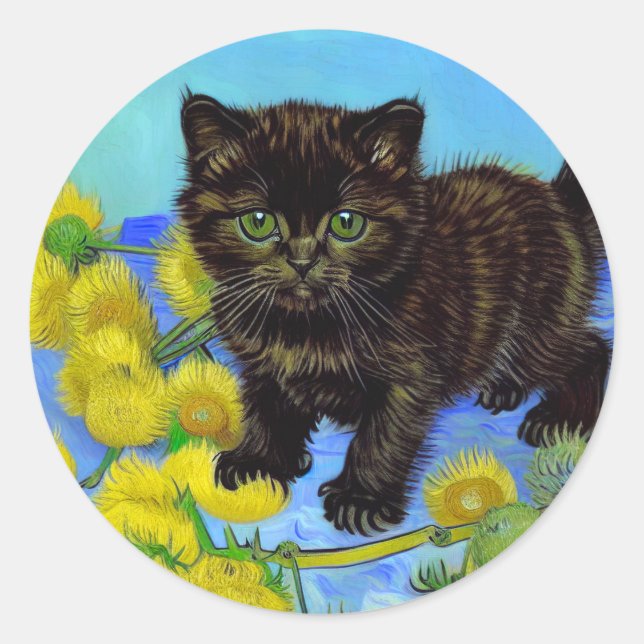 Van Gogh Style Cat mit Sonnenblumen Runder Aufkleber (Vorderseite)