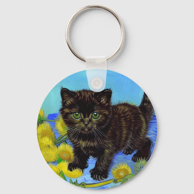 Van Gogh Style Cat mit Sonnenblumen Schlüsselanhänger (Vorderseite)