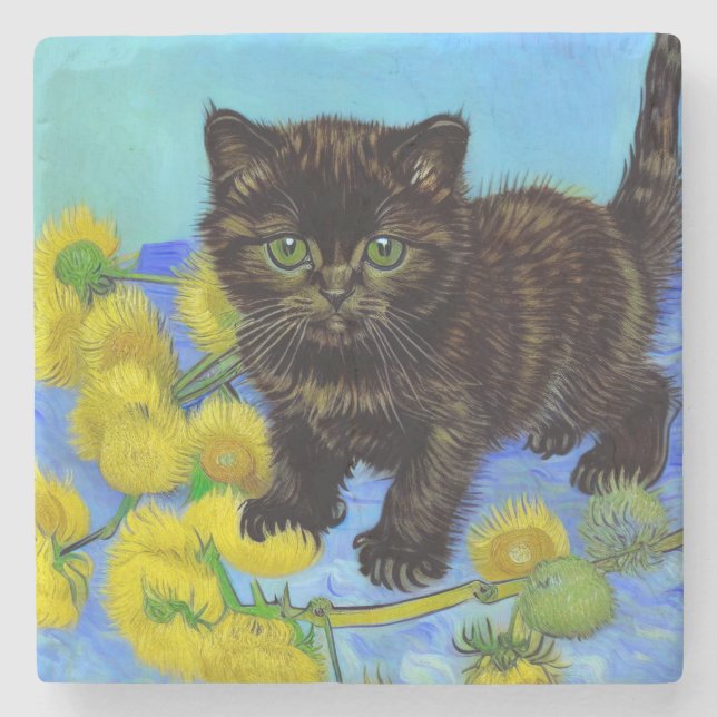 Van Gogh Style Cat mit Sonnenblumen Steinuntersetzer (Vorderseite)