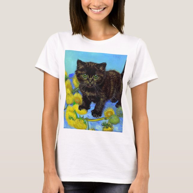 Van Gogh Style Cat mit Sonnenblumen T-Shirt (Vorderseite)