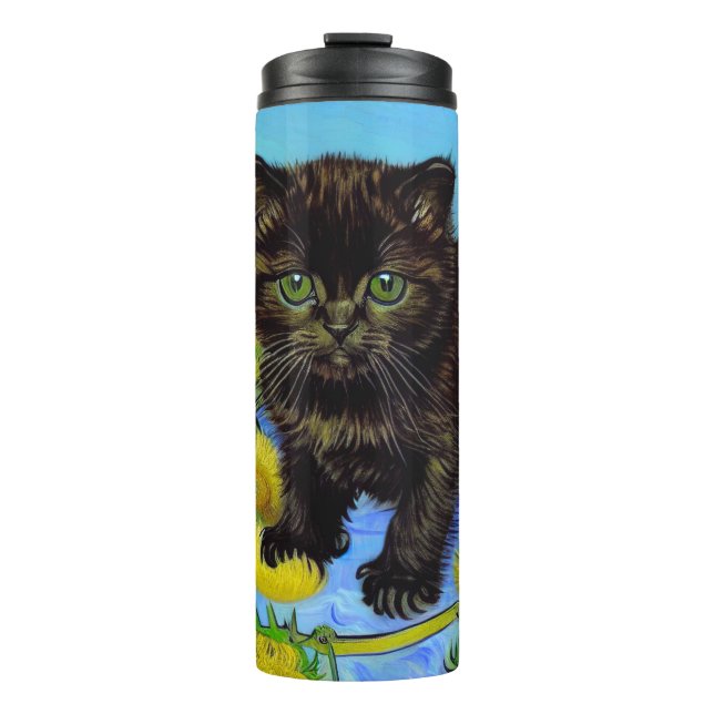 Van Gogh Style Cat mit Sonnenblumen Thermosbecher (Vorderseite)