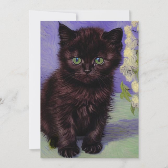 Van Gogh Style Cat mit weißen Blume Save The Date (Vorderseite)