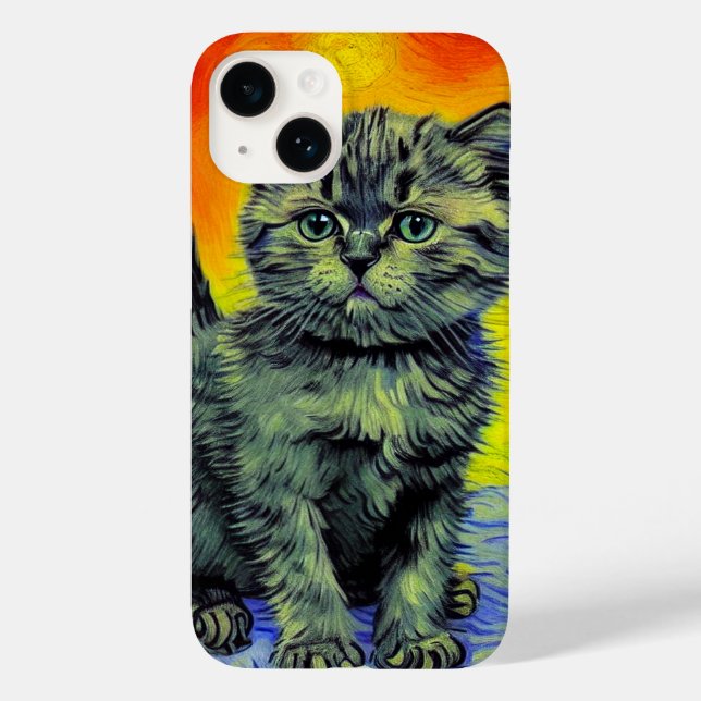 Van Gogh Style Cat Sunset Beach Case-Mate iPhone 14 Hülle (Rückseite)