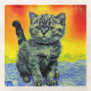 Van Gogh Style Cat Sunset Beach Glasuntersetzer