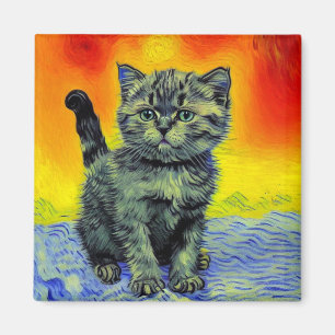 Van Gogh Style Cat Sunset Beach Magnet