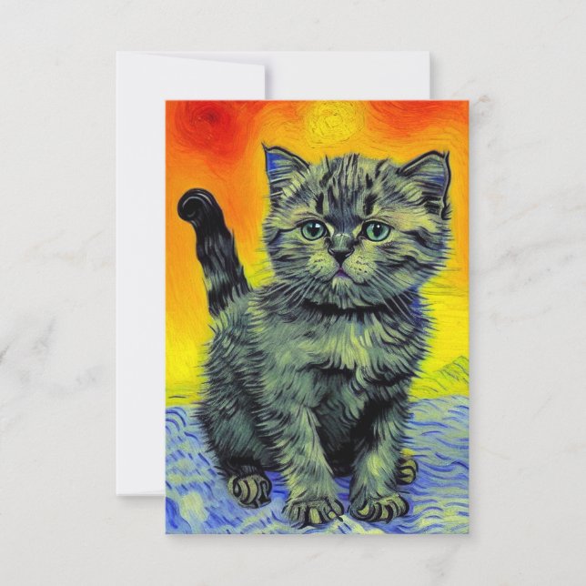 Van Gogh Style Cat Sunset Beach RSVP Karte (Vorderseite)