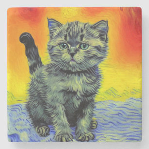 Van Gogh Style Cat Sunset Beach Steinuntersetzer