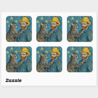 Van Gogh Style Portrait with Cat Quadratischer Aufkleber