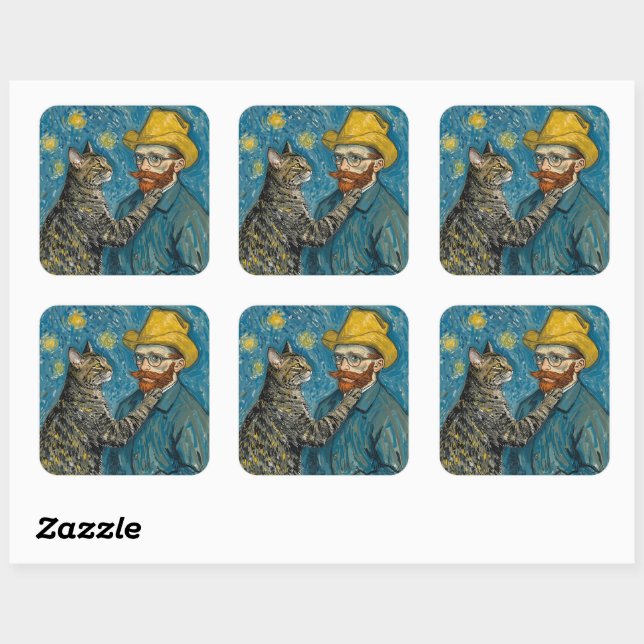 Van Gogh Style Portrait with Cat Quadratischer Aufkleber (Blatt)