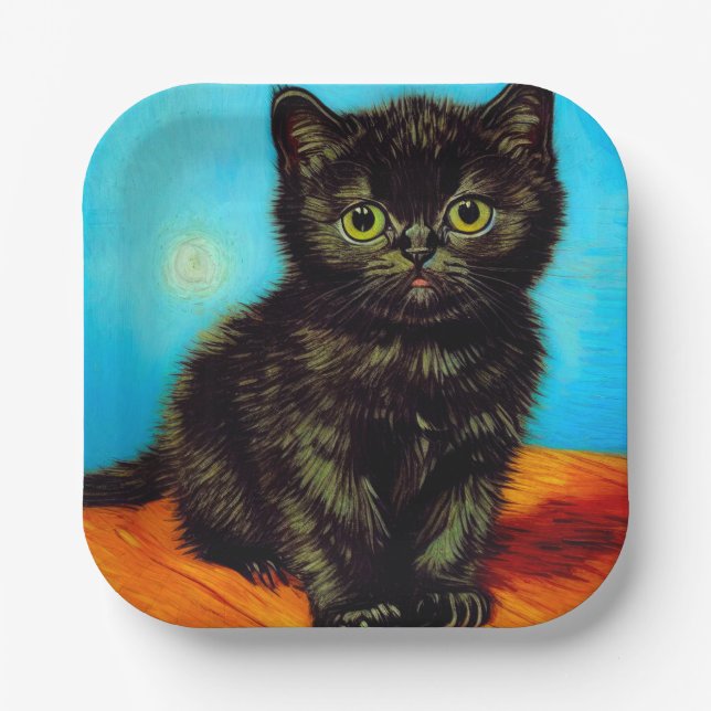 Van Gogh Style Pouting Kitten Pappteller (Vorderseite)