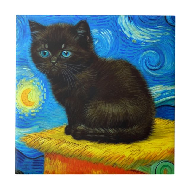 Van Gogh Style Starry Night Cat Fliese (Vorderseite)