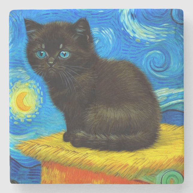 Van Gogh Style Starry Night Cat Steinuntersetzer (Vorderseite)