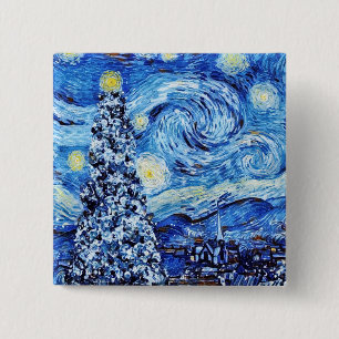 Van Gogh - The Starry Night - White Christmas Button