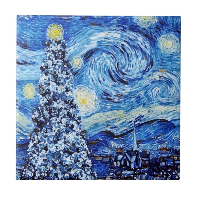 Van Gogh - The Starry Night - White Christmas Fliese (Vorderseite)