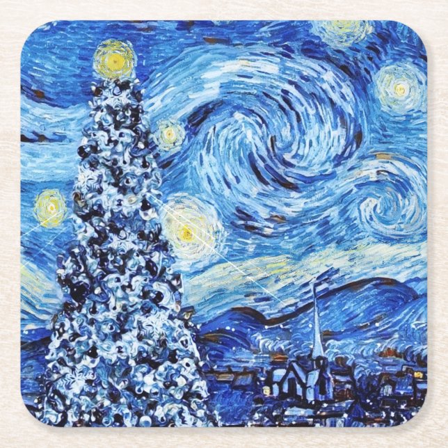 Van Gogh - The Starry Night - White Christmas Rechteckiger Pappuntersetzer (Vorderseite)