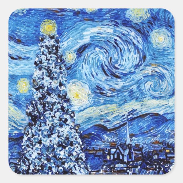 Van Gogh - The Starry Night - White Christmas Squa Quadratischer Aufkleber (Vorderseite)
