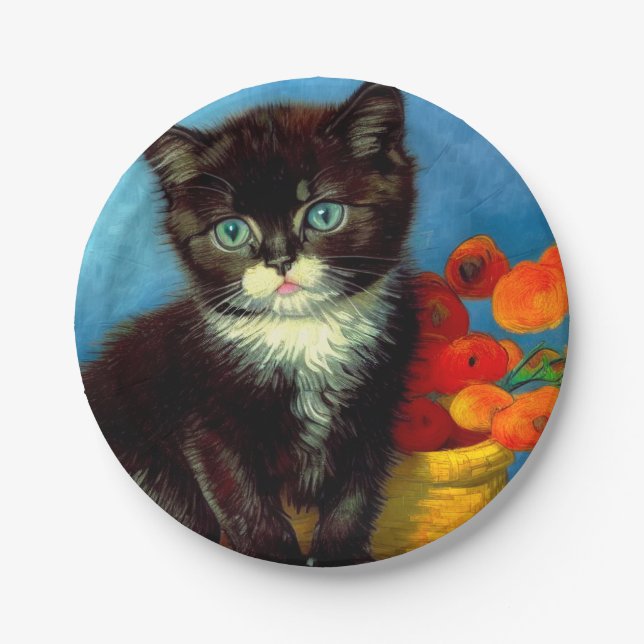 Van Gogh Tuxedo Cat Pappteller (Vorderseite)
