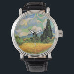 Van Gogh Wheat Field w Cypressen bei Haute Galline Armbanduhr<br><div class="desc">Das Weizenfeld mit Zypressen in der Haute Galline bei den Eygalieres von Vincent van Gogh ist ein Vintages Post-Impressionismus-Naturlandschaftsbild. Weiße Wolken wirbeln im blauen Himmel mit Weizenfeldern und Zypressen auf einem Bauernhof. Über den Künstler: Vincent Willem van Gogh (1853-1890) war einer der berühmtesten postimpressionistischen Maler seiner Zeit. Seine Arbeit war...</div>