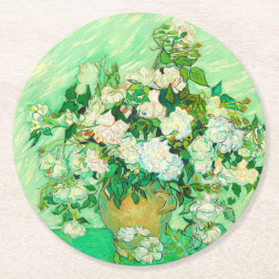 Van Gogh White Roses Runder Pappuntersetzer