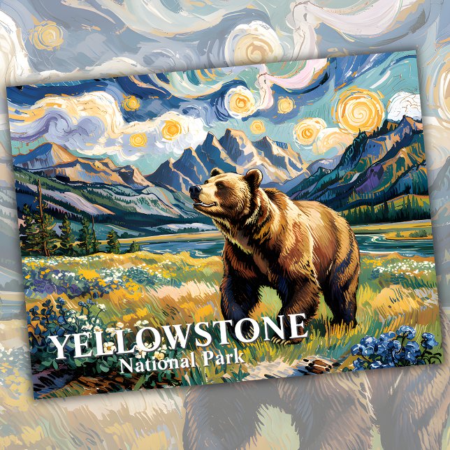 Van Gogh Yellowstone Grizzly Bären Benutzerdefinie Postkarte (Van Gogh Yellowstone Grizzly Bear Custom Text Postcard)