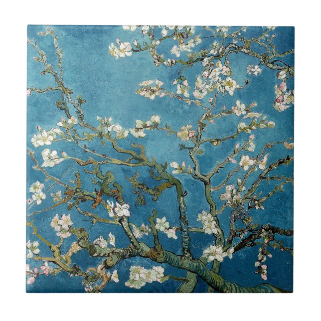 Van- Goghmandel blüht Vintages Blumenblau Fliese (Vorderseite)