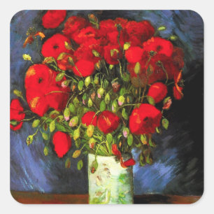 Van- GoghVase mit roten Mohnblumen-Aufklebern Quadratischer Aufkleber