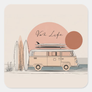 Van Life Surf Van – Retro-Strand-Camper-Aesthetic Quadratischer Aufkleber