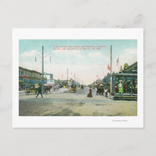 Van Ness Avenue View ein Jahr nach dem Feuer Postkarte (Vorderseite)
