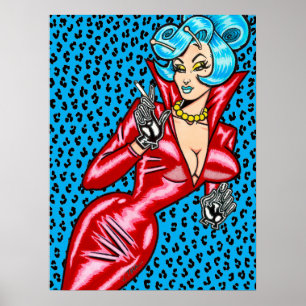 Vana DeVinyl™/Rotes Vinyl-Kleid/Blauer Leopard-Pos Poster