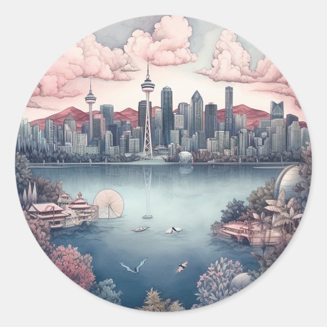 Vancouver City Canada Travel Painting Runder Aufkleber (Vorderseite)