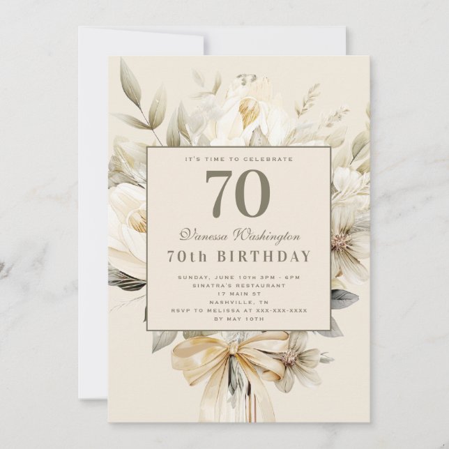 Vanilla Cream Floral 70e Anniversaire invitation c (Devant)