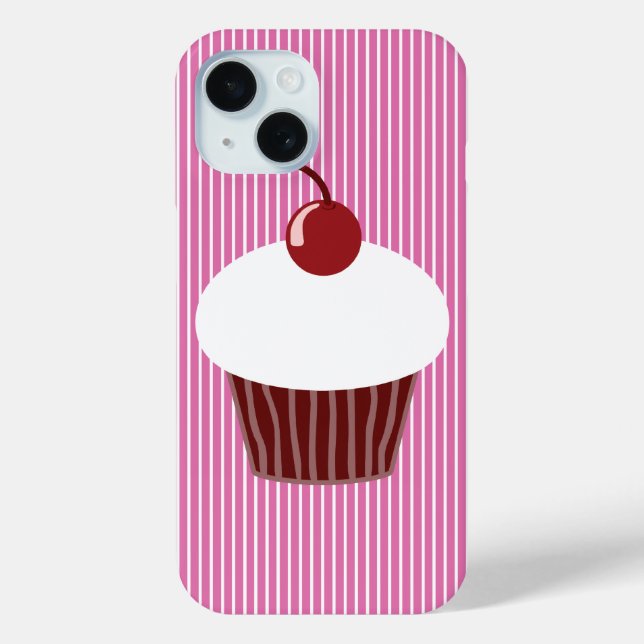 Vanilla Cupcake und rosa Streifen iPhone 15 Hülle (Rückseite)