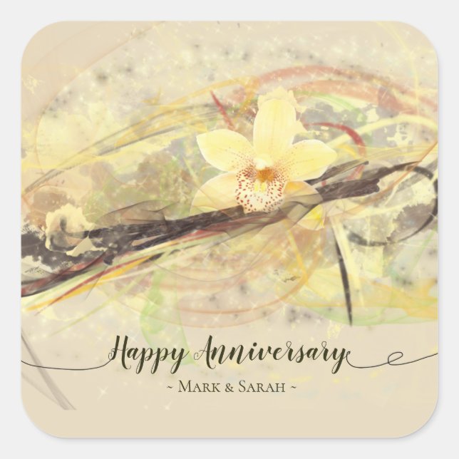 Vanilla Orchid Blume Abstrakte Art Kalligrafie Quadratischer Aufkleber (Vorderseite)