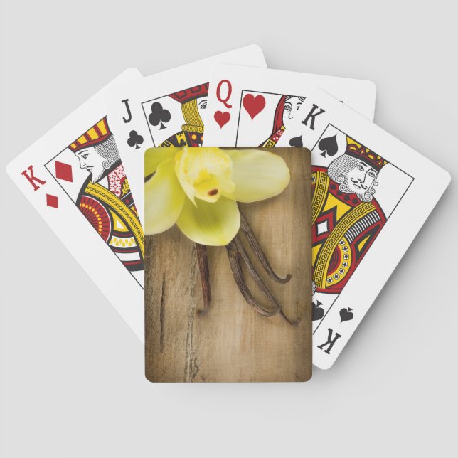Vanilla Pods und Blume über Holzgelände Spielkarten (Rückseite)