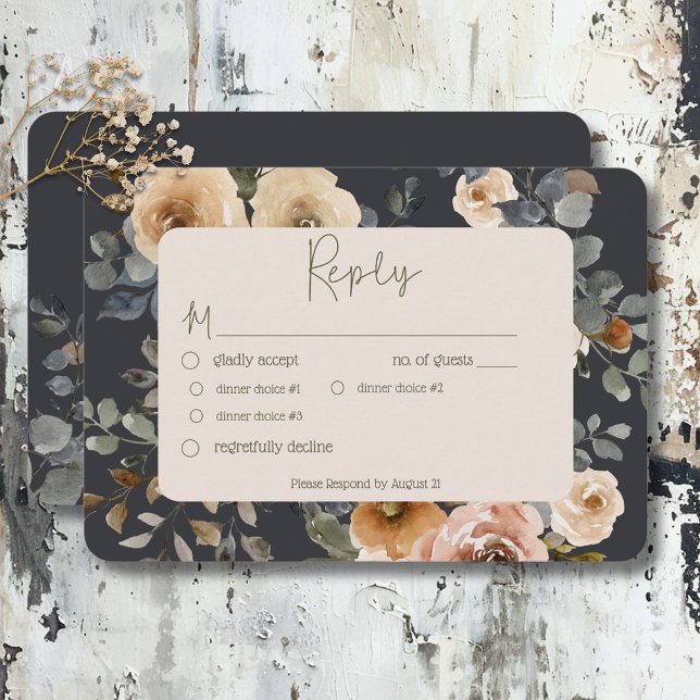 Vanilla White Boho Rose Blue Wedning Dinner RSVP Karte (Vanilla White Boho Roses Blue Wedding Dinner RSVP Card)