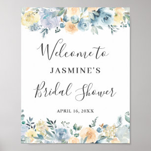 Vanille-blaue Floral-Hochzeitsdusche-Schild Poster