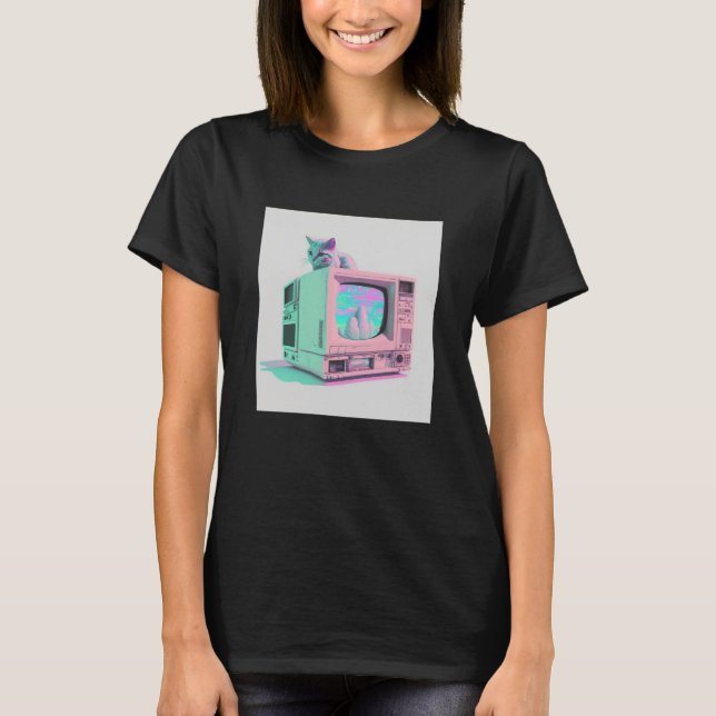 Vaperwave Aesthetic Glitch Cat Retrowave Synthwave T-Shirt (Vorderseite)