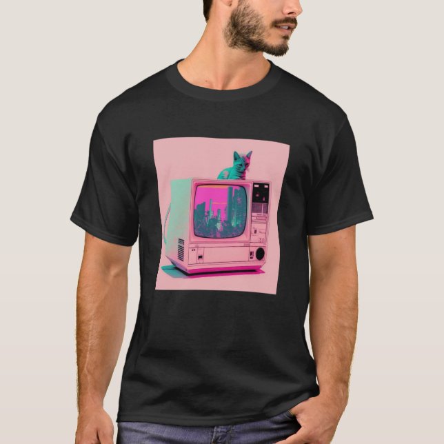 Vaperwave Aesthetic Glitch Cat Retrowave Synthwave T-Shirt (Vorderseite)