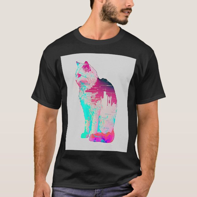 Vaperwave Aesthetic Glitch Cat Retrowave Synthwave T-Shirt (Vorderseite)