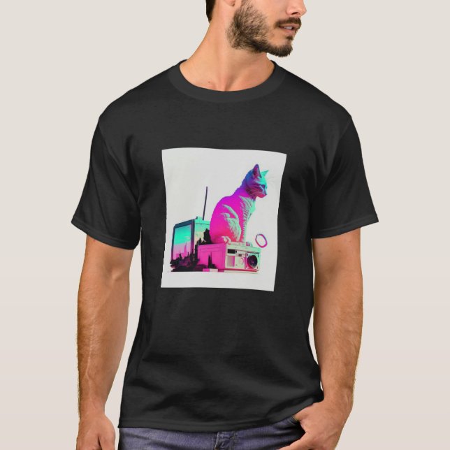 Vaperwave Aesthetic Glitch Cat Retrowave Synthwave T-Shirt (Vorderseite)