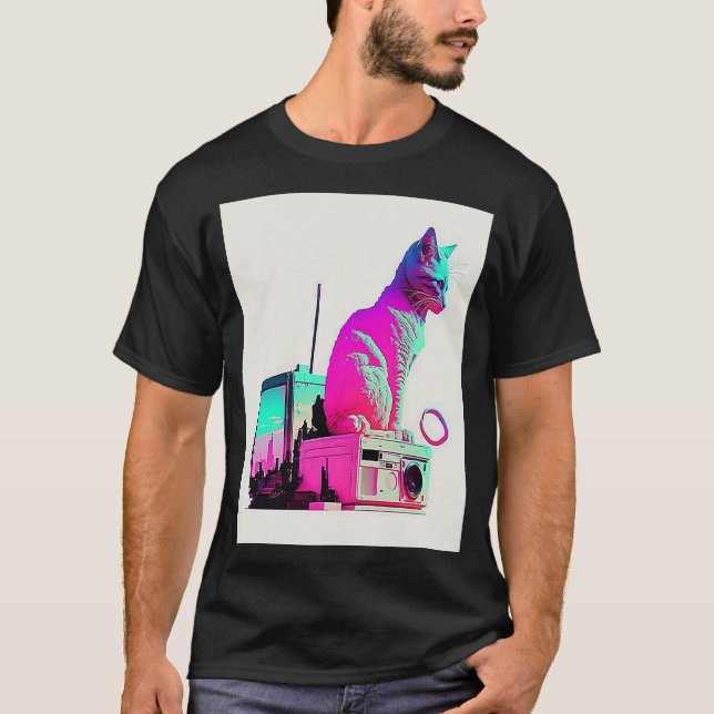 Vaperwave Aesthetic Glitch Cat Retrowave Synthwave T-Shirt (Vorderseite)