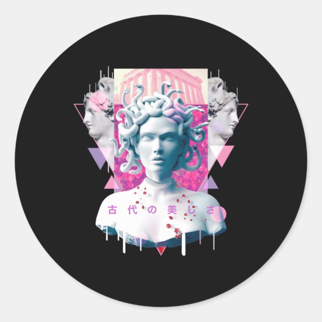 Vaporwave Medusa Statue Ästhetik Japanisch Otaku Runder Aufkleber (Vorderseite)
