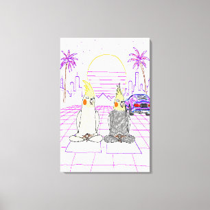 "Vaporwave-Nymphensittiche Retro-Sonnenuntergang-L Leinwanddruck