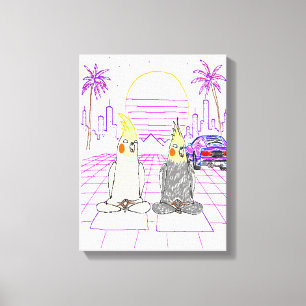 "Vaporwave-Nymphensittiche Retro-Sonnenuntergang-L Leinwanddruck