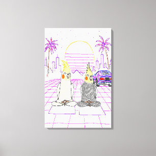 "Vaporwave-Nymphensittiche Retro-Sonnenuntergang-L Leinwanddruck