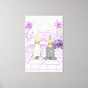 "Vaporwave-Nymphensittiche Retro-Sonnenuntergang-L Leinwanddruck