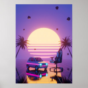 Vaporwave Retro-Auto und Gaming-Stuhl Poster