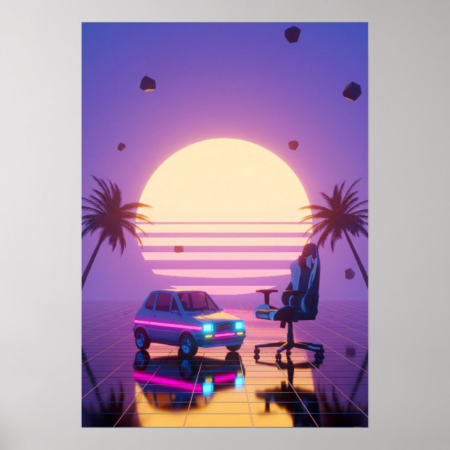 Vaporwave Retro-Auto und Gaming-Stuhl Poster (Vorne)